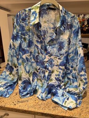 Zara Blue and Green Floral Button-Down Shirt